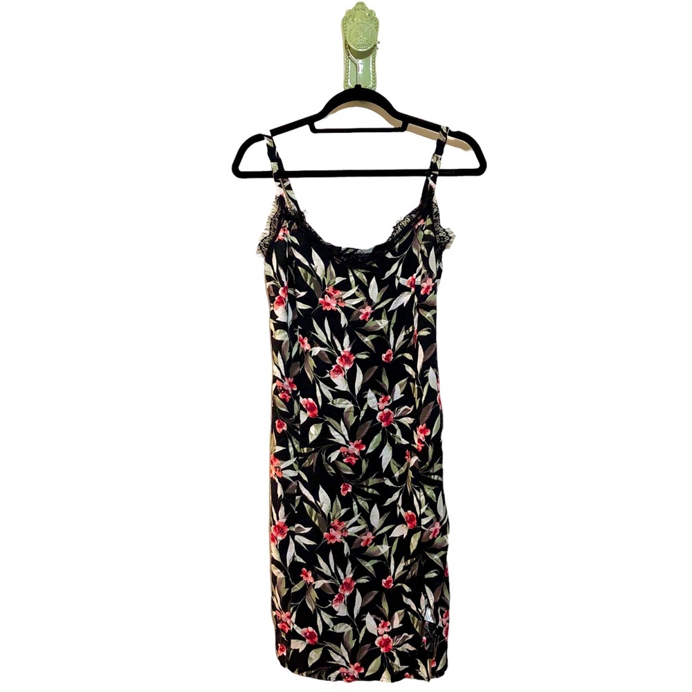 Bobeau Slip Dress Boho Floral Sundress Black Lace Eyelash Fur Fringe Slit Midi